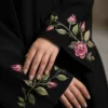 rose embroidered black abaya with floral design detail