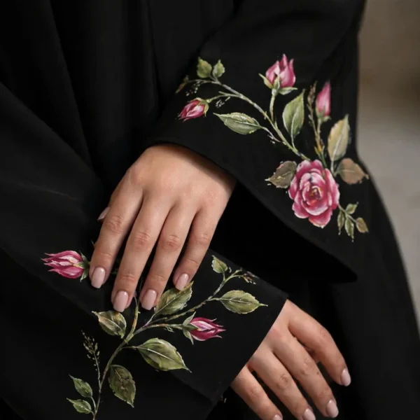 rose embroidered black abaya with floral design detail