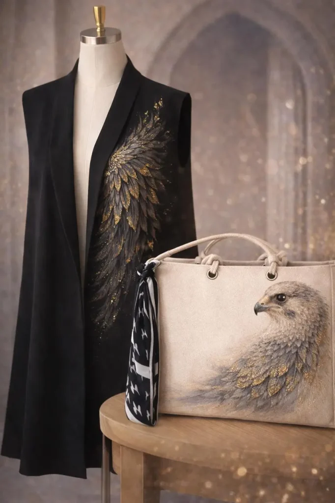 Luxury hand-painted abaya styled in elegant editorial fashion