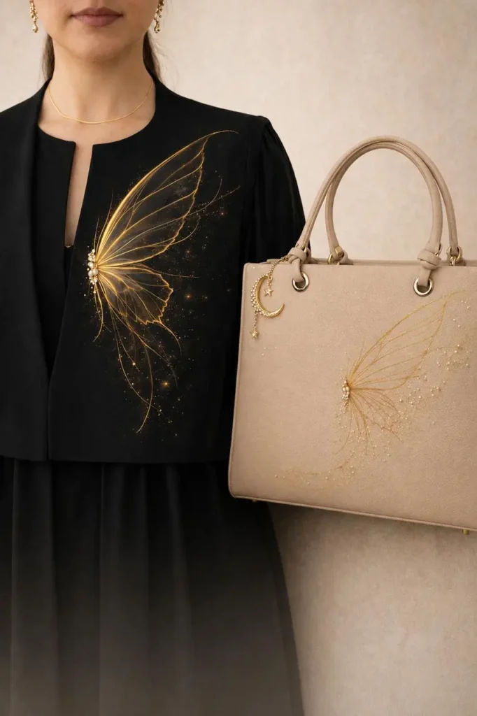 Elegant hand-painted abaya styled with luxury artistic handbag fashion