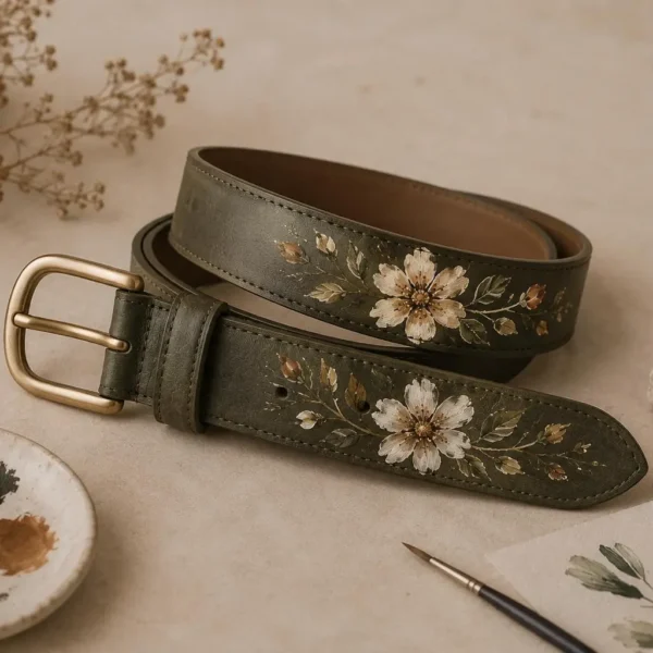 Luxury hand painted leather accessory with elegant floral artwork