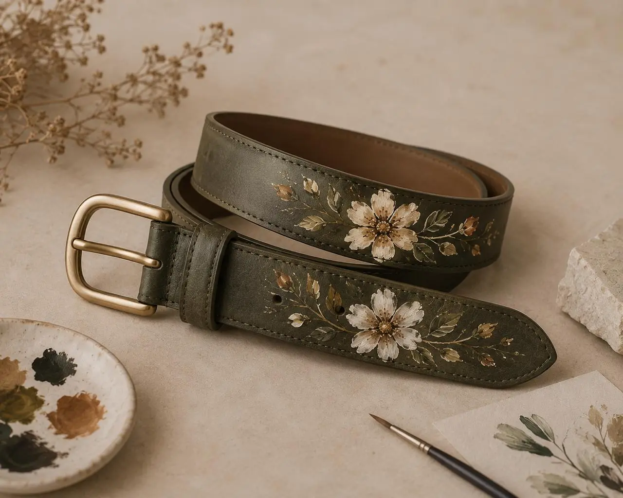 Luxury hand painted leather accessory with elegant floral artwork