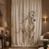 Luxury horse art curtain with elegant beige fabric and refined artistic interior styling.