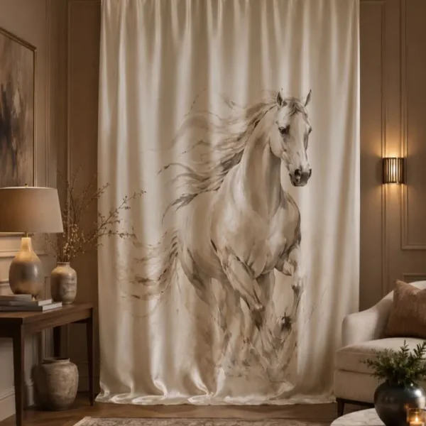 Luxury horse art curtain with elegant beige fabric and refined artistic interior styling.