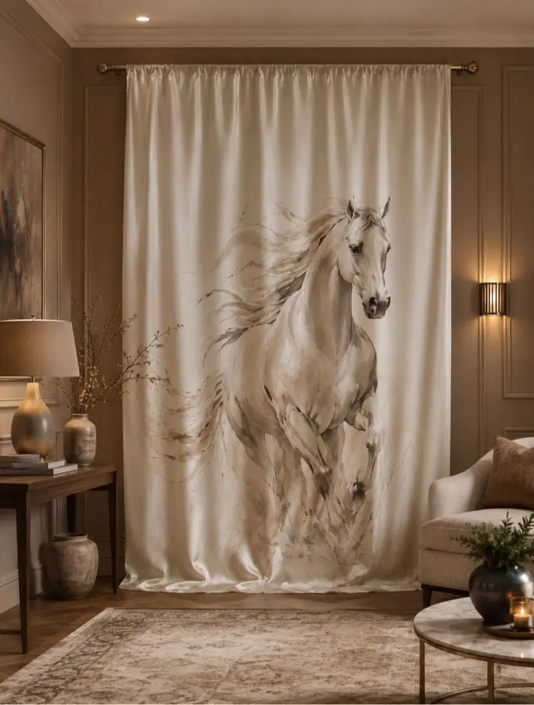 Luxury horse art curtain with elegant beige fabric and refined artistic interior styling.
