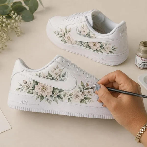 Luxury botanical leather sneakers with elegant floral artwork