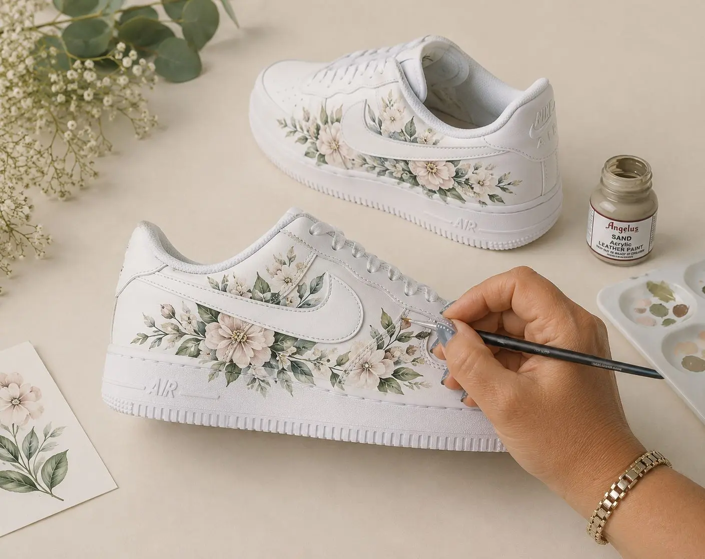 Luxury botanical leather sneakers with elegant floral artwork
