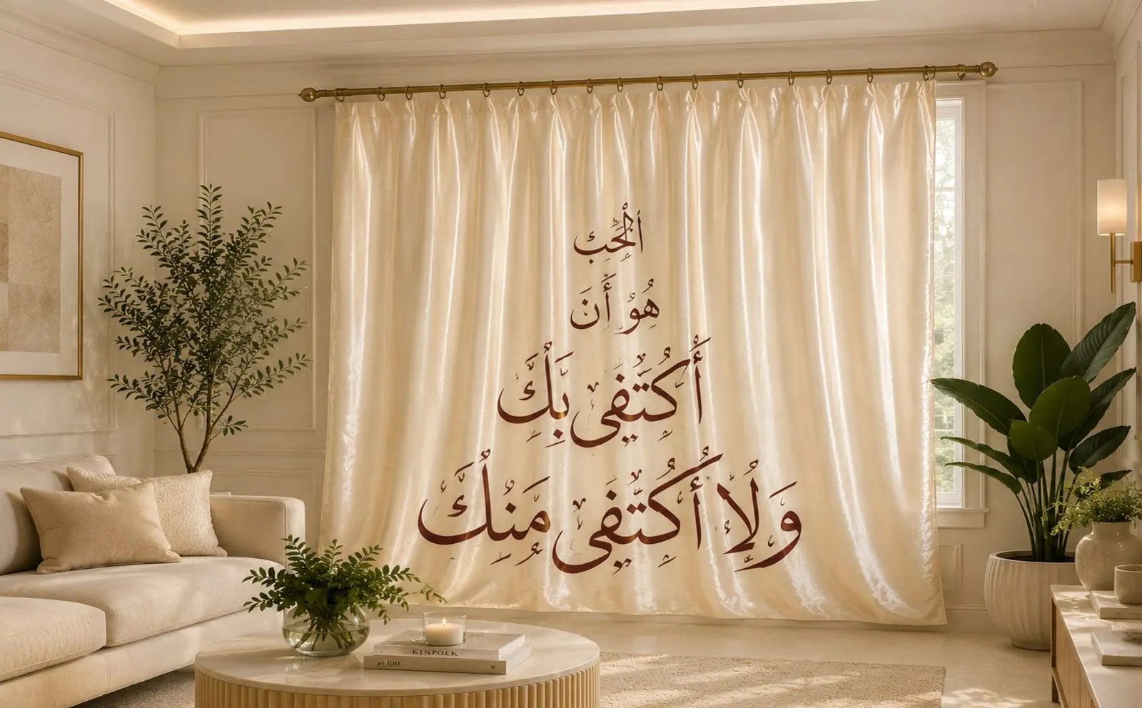 Elegant Arabic calligraphy curtain with luxurious beige fabric and refined Arabic artistic interior styling.
