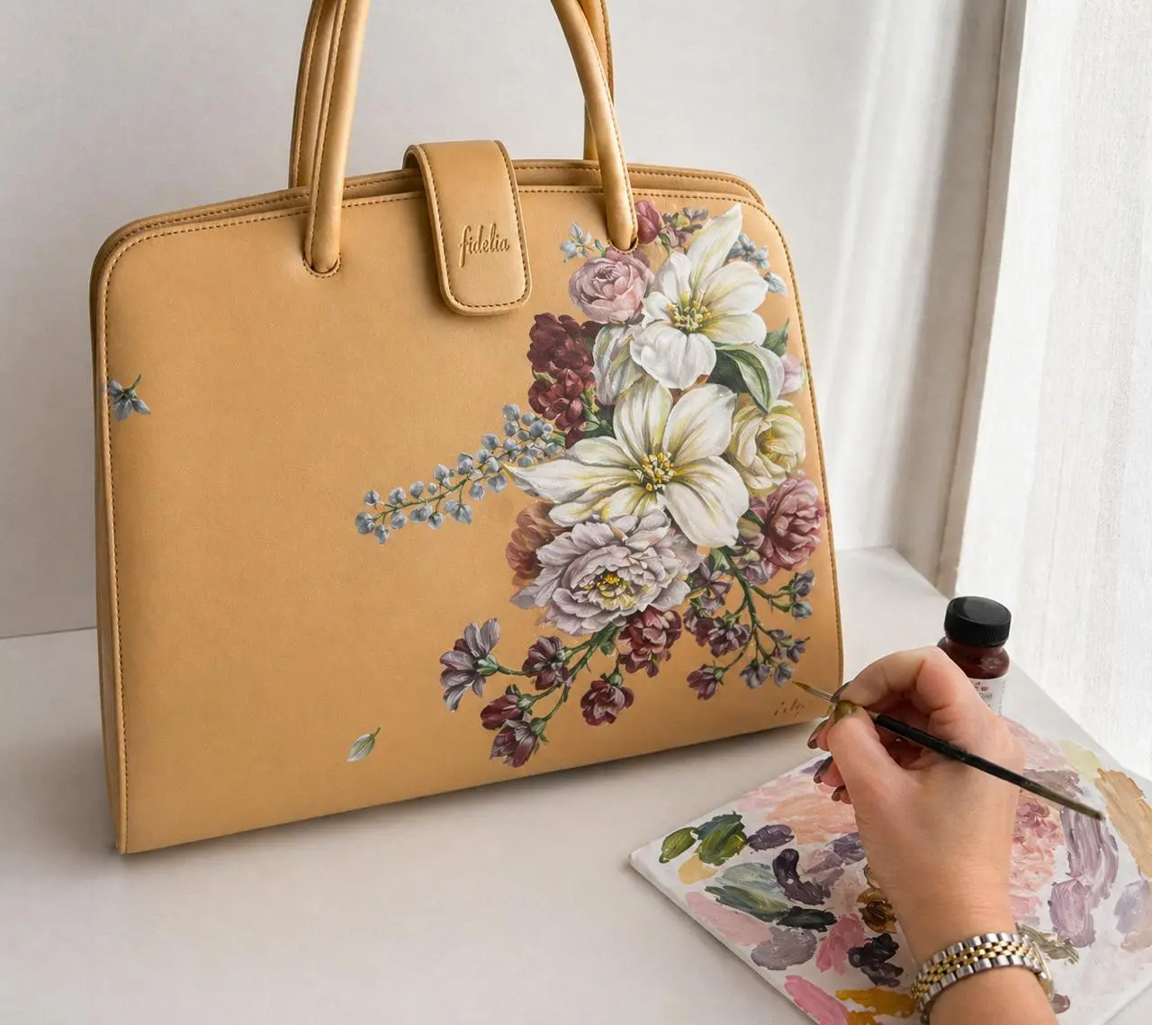 Rezvan Hand-Painted Leather Bag – Floral Art Piece