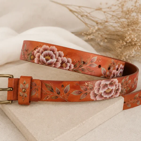Luxury floral artisan belt with elegant hand painted leather design