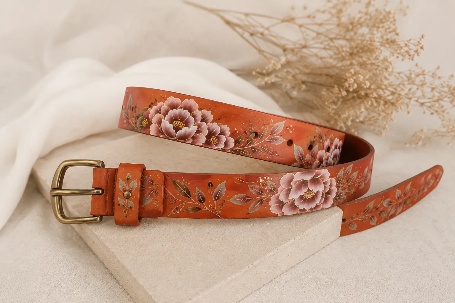 Luxury floral artisan belt with elegant hand painted leather design
