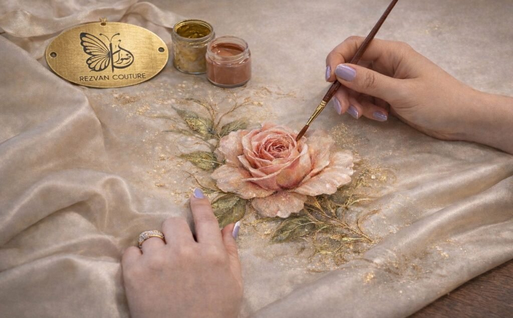 Hand-painted floral artwork for a custom luxury abaya