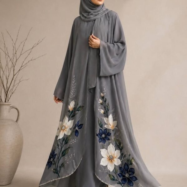Hand-Painted Grey Floral Abaya